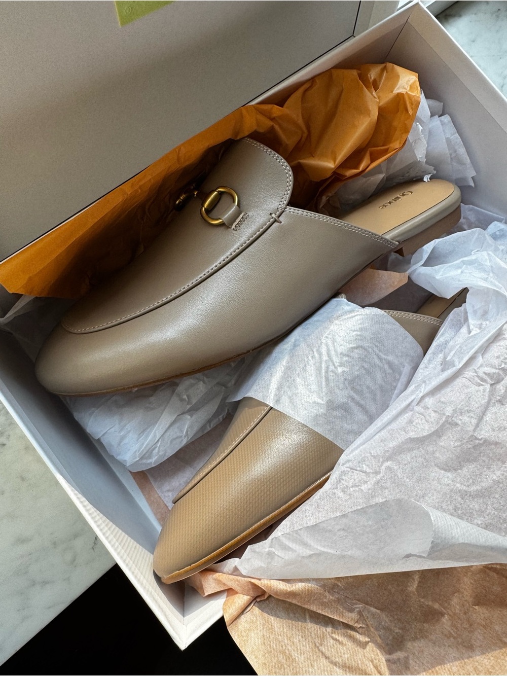 Quince Taupe Leather Mule Loafers with Gold Accent